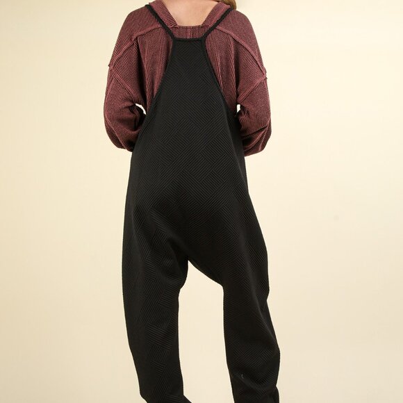 B44 Quilted Loose Fit Casual Baggy Knit Jumpsuit Black NEW - Picture 3 of 3